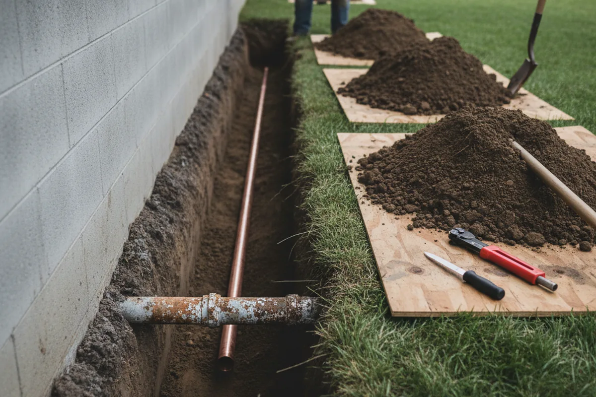 Excavated water line trench during Sewer Line Repair in Brimfield